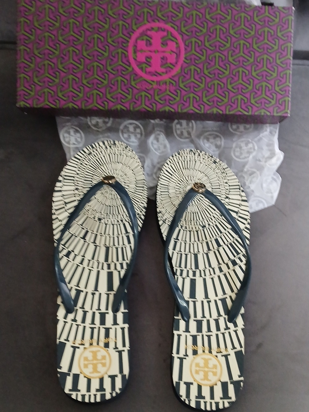 Tory Burch Black and Cream Logo Flip Flop Sandals